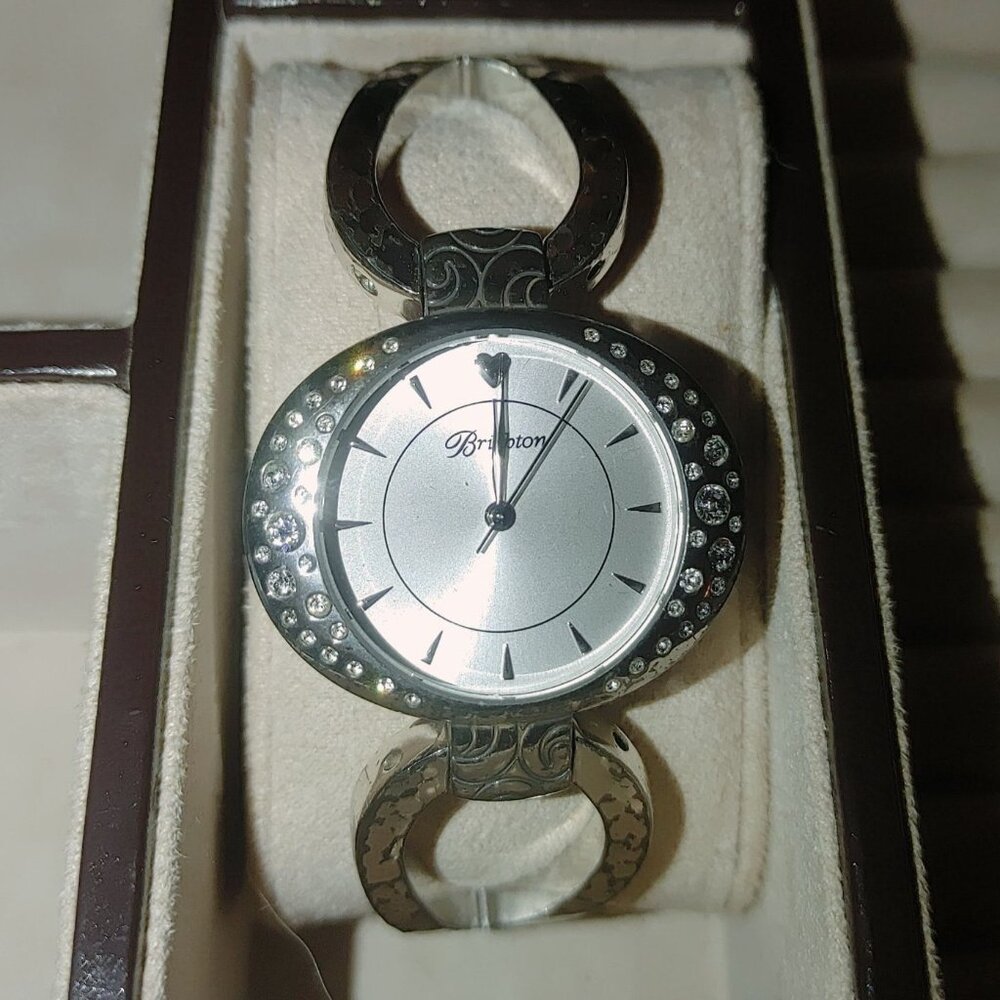 Brighton Watch Cuff Bracelet Silver Tone Crystal Accents Roman Numerals Womens